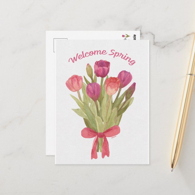 Happy Spring Tulip Bouquet Postcard Vykort (Fram/Back In Situ)