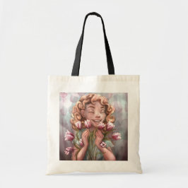 Happy Spring Tulip Girl Tote Bag Tygkasse