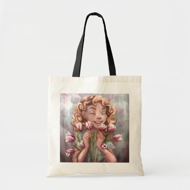 Happy Spring Tulip Girl Tote Bag Tygkasse (Framsidan)