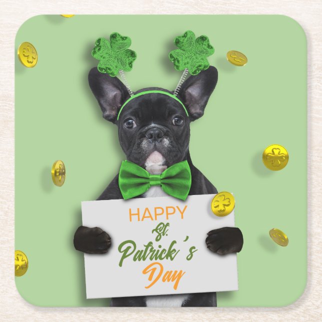 Happy St. Patrick’s Day Clover Cute French Bulldog Underlägg Papper Kvadrat (Framsidan)