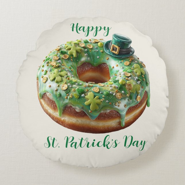 Happy St. Patrick’s Day Donut with Leprechaun Hat Rund Kudde (Framsidan)