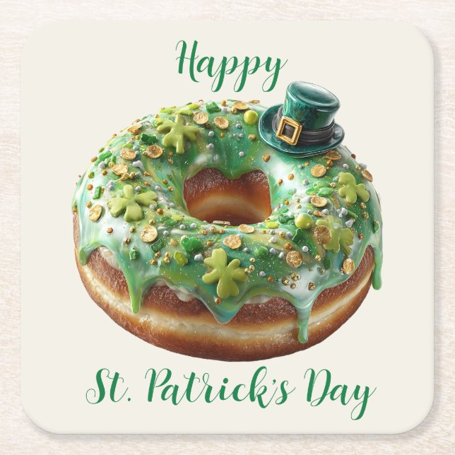 Happy St. Patrick’s Day Donut with Leprechaun Hat Underlägg Papper Kvadrat (Framsidan)