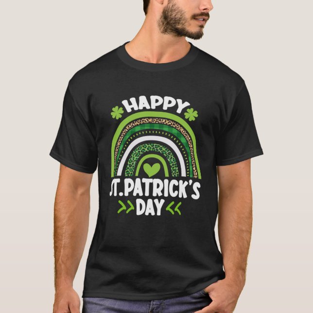 Happy St Patrick s Day Leopard Print Rainbow Shamr T Shirt (Framsida)