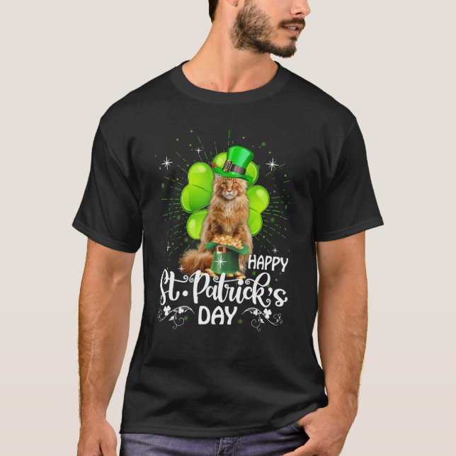 Happy St Patrick S Day Maine Coon Cat Shamrock Luc T Shirt (Framsida)