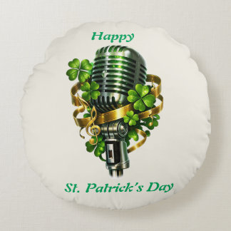 Happy St. Patrick’s Day Shamrock & Microphone Rund Kudde
