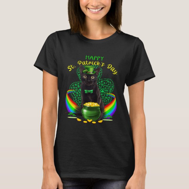 Happy St Patricks Day Black Cat Leprechaun Hat Sha T Shirt (Framsida)