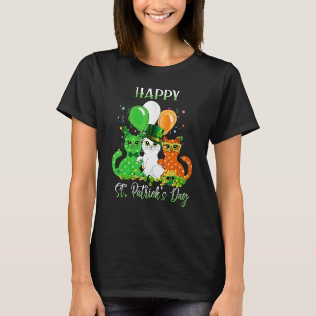 Happy St Patrick's Day Cats Ireland Flag Shamrock  T Shirt (Framsida)