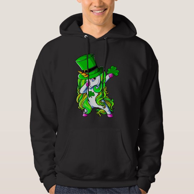 Happy St Patrick's Day Dabbing Unicorn Lucky Shamr Hoodie (Framsida)