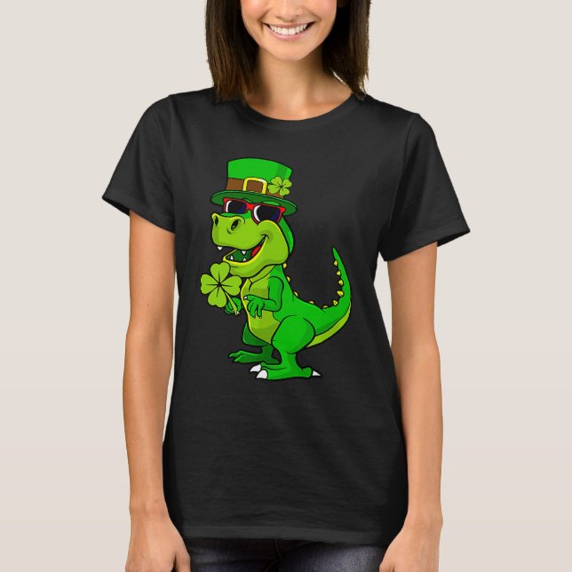 Happy St Patrick's Day Dinosaur Rex Lucky Shamrock T Shirt (Framsida)