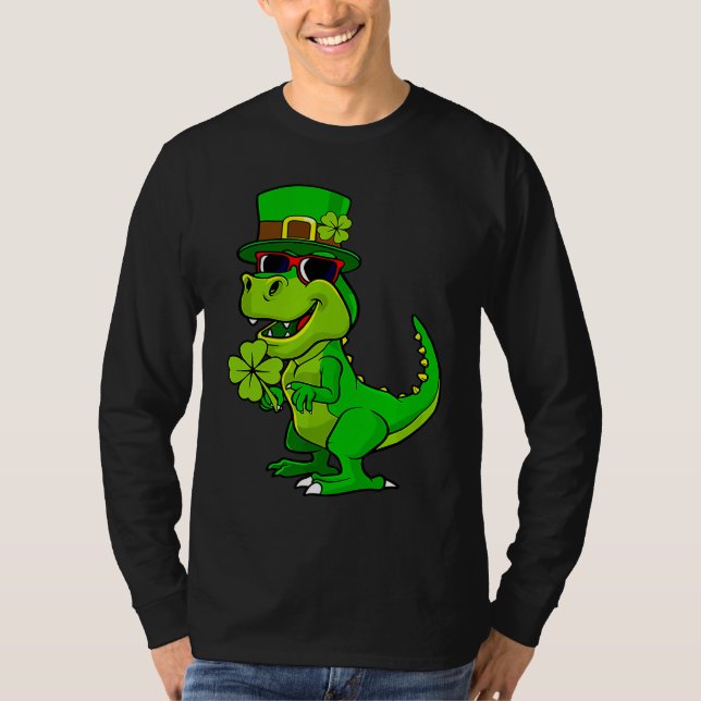 Happy St Patrick's Day Dinosaur Rex Lucky Shamrock T Shirt (Framsida)