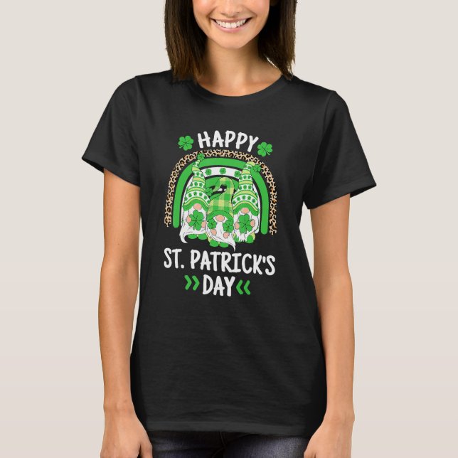 Happy St Patricks Day Leopard Rainbow Irish Gnomes T Shirt (Framsida)