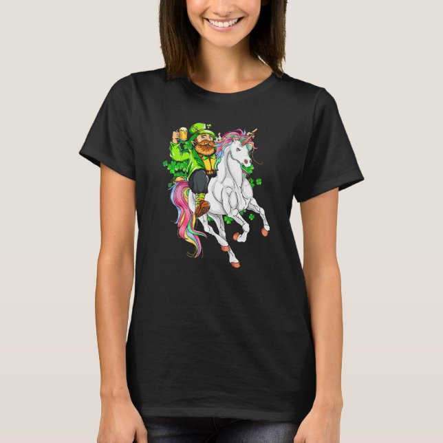 Happy St Patricks Day Leprechaun Riding Unicorn T Shirt (Framsida)