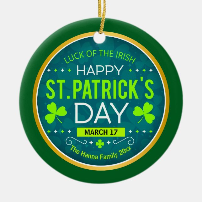 HAPPY ST. PATRICK'S DAY, "LUCK OF THE IRISH" JULGRANSPRYDNAD KERAMIK (Framsidan)