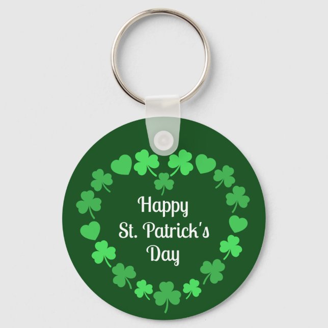 Happy St. Patrick's Day Shamrock and Heart Wreath Nyckelring (Framsida)