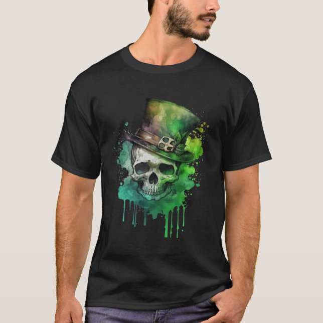 Happy St Patricks Day Skull C Green Shamrock  10 T Shirt (Framsida)