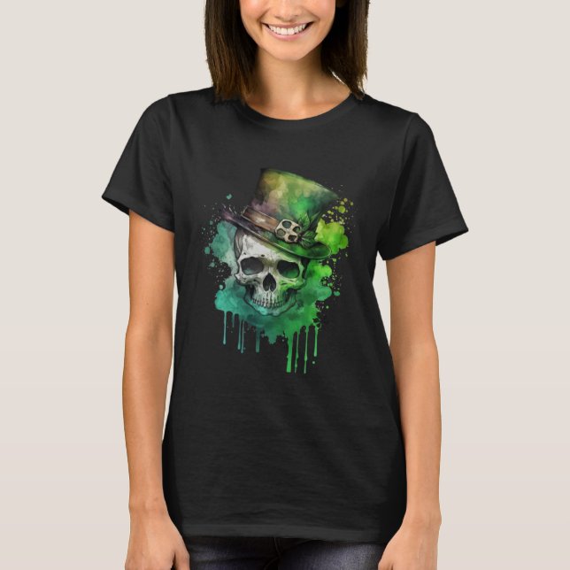 Happy St Patricks Day Skull C Green Shamrock  10 T Shirt (Framsida)