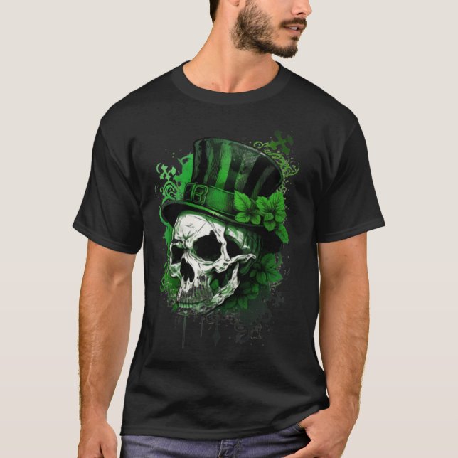 Happy St Patricks Day Skull C Green Shamrock  3 T Shirt (Framsida)