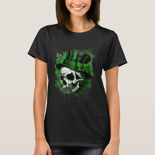 Happy St Patricks Day Skull C Green Shamrock  9 T Shirt (Framsida)
