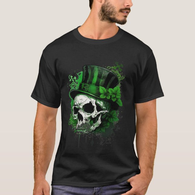 Happy St Patricks Day Skull C Green Shamrock  9 T Shirt (Framsida)