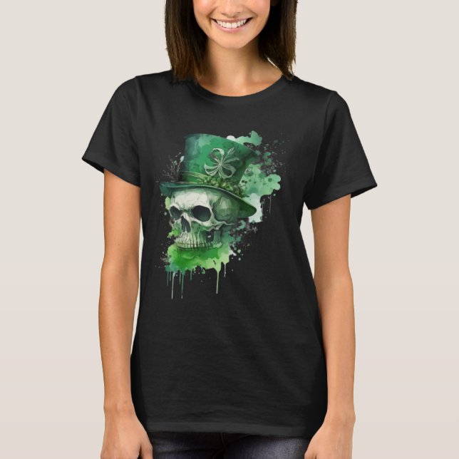 Happy St Patricks Day Skull C Green Shamrock T Shirt (Framsida)