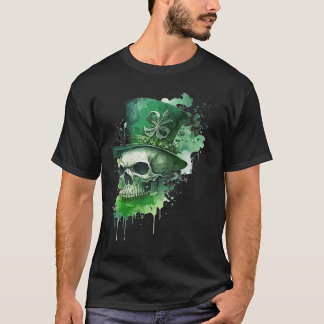 Happy St Patricks Day Skull C Green Shamrock T Shirt (Framsida)