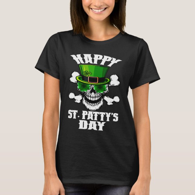 Happy St Patty's Day St Patricks Sugar Skull Lepre T Shirt (Framsida)