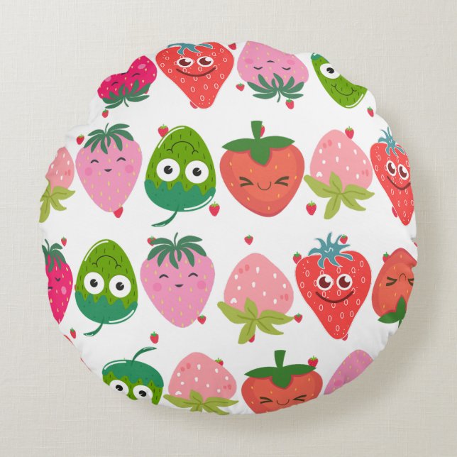 Happy strawberries smiling Cute colorful fruits Rund Kudde (Framsidan)