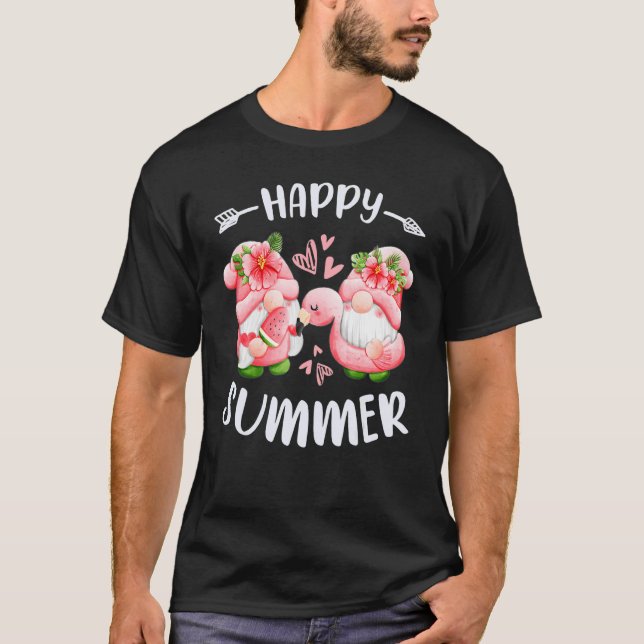 Happy summer pink gnomes with flamingo swim ring t shirt (Framsida)