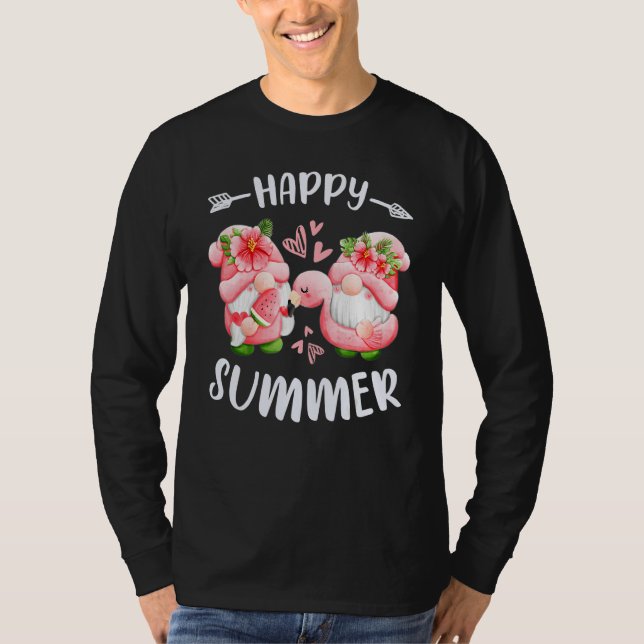 Happy summer pink gnomes with flamingo swim ring t shirt (Framsida)