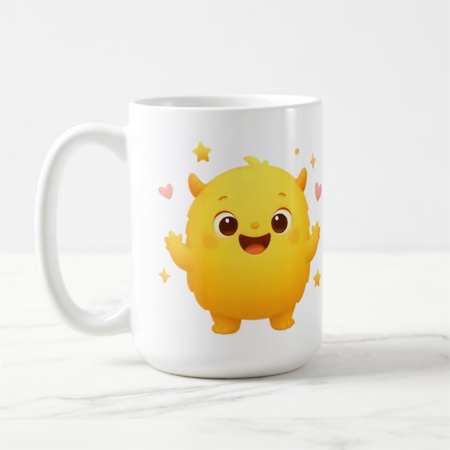 Happy Sunshine Monster Kids Mug — Cheerful Yellow Kaffemugg (Vänster)