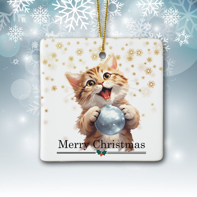Happy Tabby Kitten with Christmas Tree Bulb Julgransprydnad Keramik (Skapare uppladdad)
