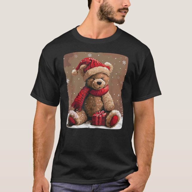 Happy Teddy Bear with Shawl and Christmas Hat Cost T Shirt (Framsida)