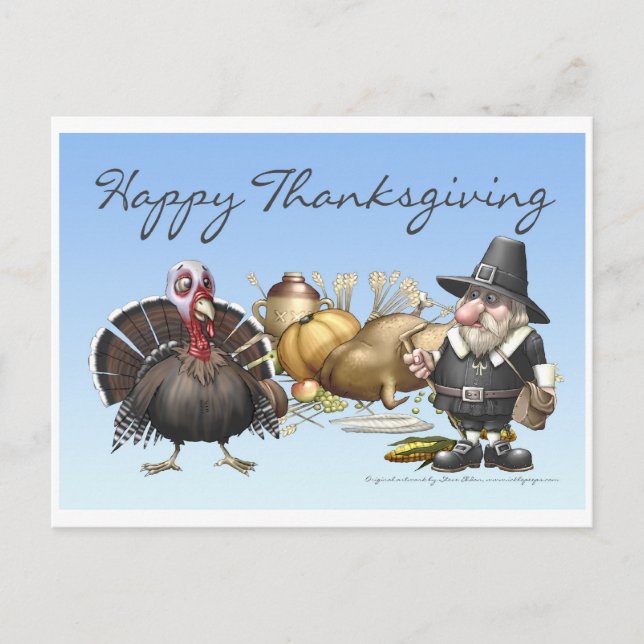 Happy Thankgiving Card With Pilgrim And Turkey Helg Vykort (Framsida)