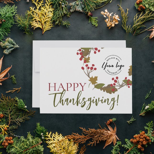 Happy thanksgiving Anpassningsbar logotyp Fall Fol Julkort (Happy Thanksgiving autumn foliage wreath custom logo business holiday card.)