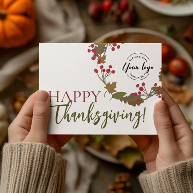 Happy thanksgiving Anpassningsbar logotypen Höst l Julkort (Custom business logo and thank you wording Happy Thanksgiving cards with fall leaves.)