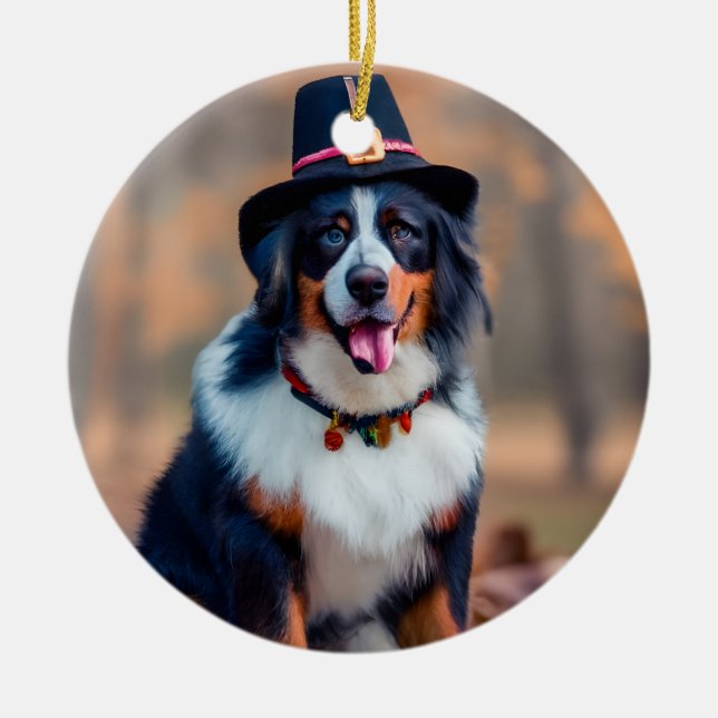 Happy thanksgiving Bernese Mountain Hund Pilgrim Julgransprydnad Keramik (Framsidan)