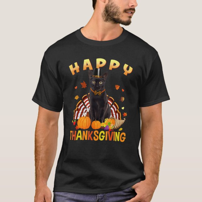 Happy thanksgiving Black Cat Turkey Pilgrim Hat T Shirt (Framsida)