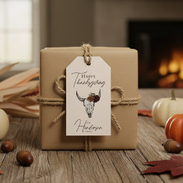 Happy thanksgiving Blommigt Cow Skull Fall Harvest Presentetikett