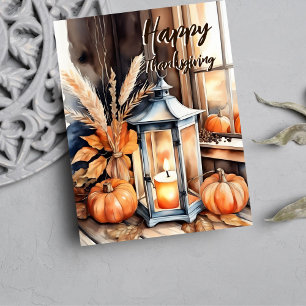Happy thanksgiving boho pumkin lantern vattenfärg helg vykort