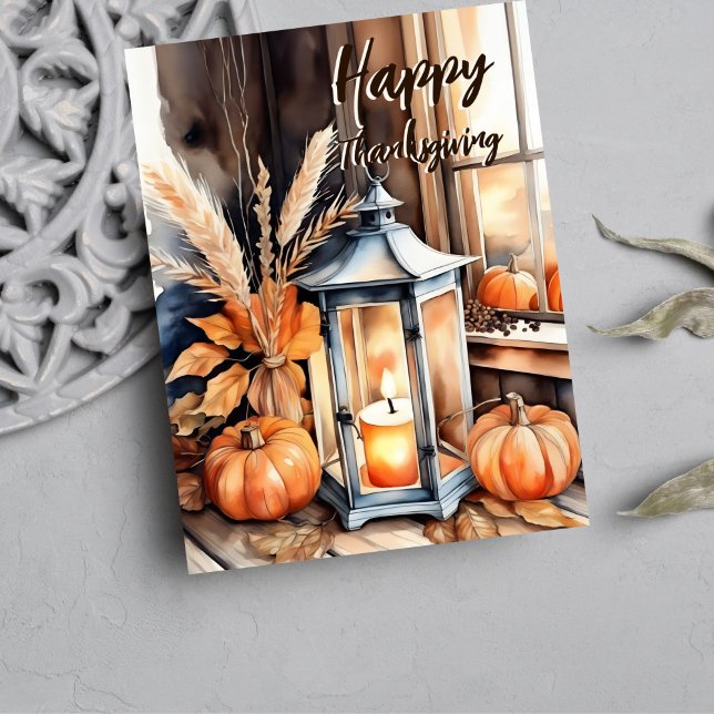 Happy thanksgiving boho pumkin lantern vattenfärg helg vykort (Happy Thanksgiving rustic boho watercolor pumpkins lantern with candle harvest grains postcard)