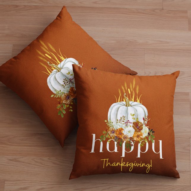 Happy thanksgiving Brown Autumn Blommigt Pumpkin Kudde (Skapare uppladdad)
