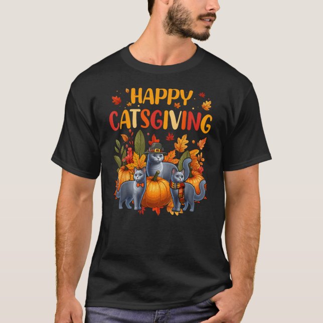 Happy Thanksgiving Cat Three Cute Russian Blue Cat T Shirt (Framsida)