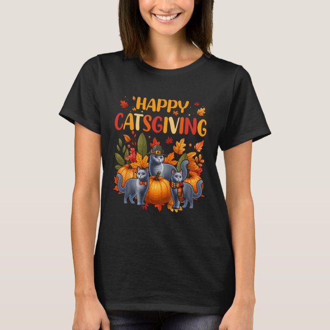Happy Thanksgiving Cat Three Cute Russian Blue Cat T Shirt (Framsida)