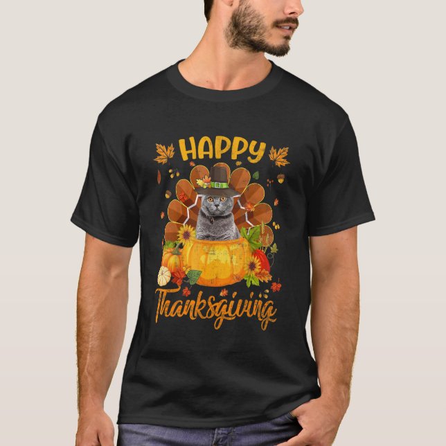 Happy Thanksgiving Cat Turkey Pumpkin T Shirt (Framsida)