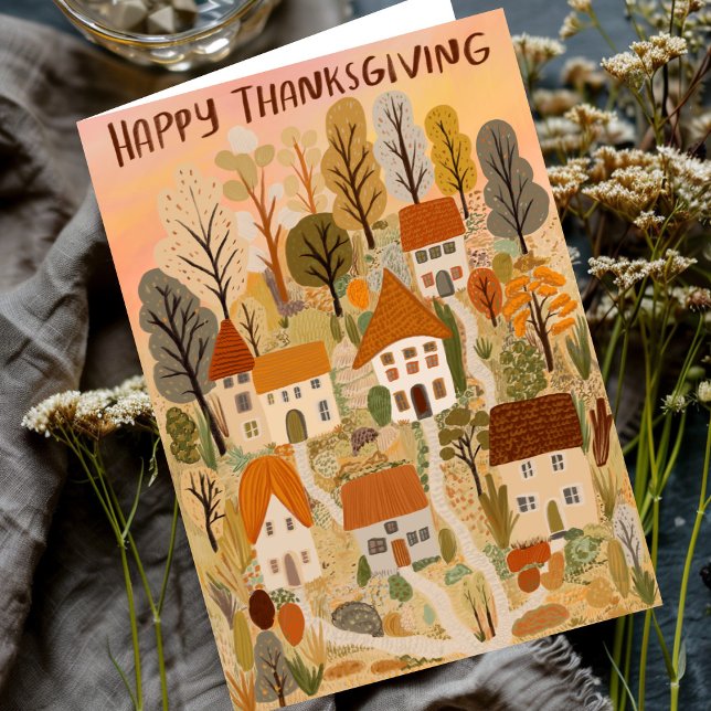 Happy thanksgiving Charming Autumn Village Fall Kort (Happy Thanksgiving Charming Autumn Village Fall Card
)