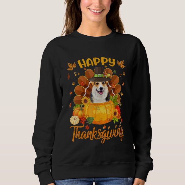 Happy Thanksgiving Corgi Dog Turkey Pumpkin T Shirt (Framsida)