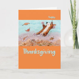 Happy thanksgiving, Corgi hund hoppar i löv Helgkort