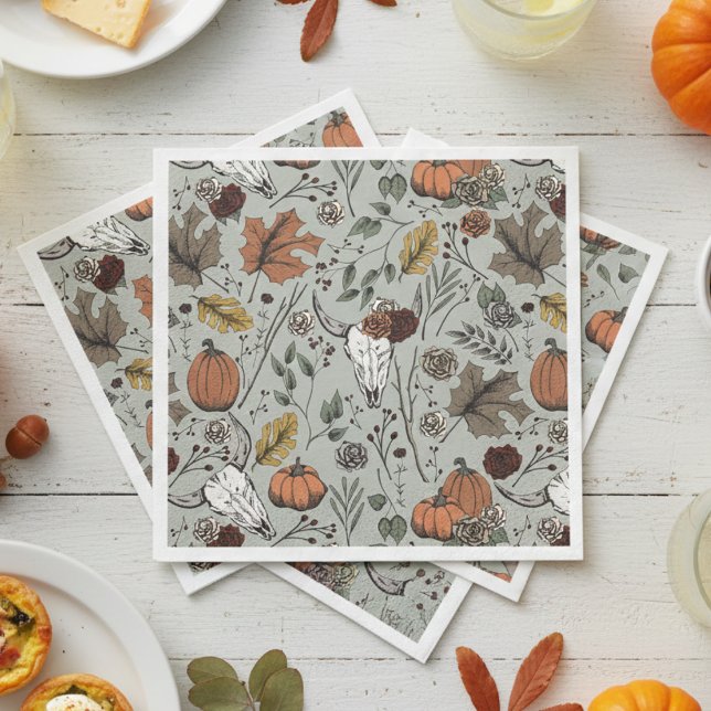 Happy thanksgiving Cow Skull Fall Harvest Pappersservett (Elegant Sage Green Fall Cow Skulls Thanksgiving Paper Napkins. Unique Rustic Pumpkins, Autumn Leaves)