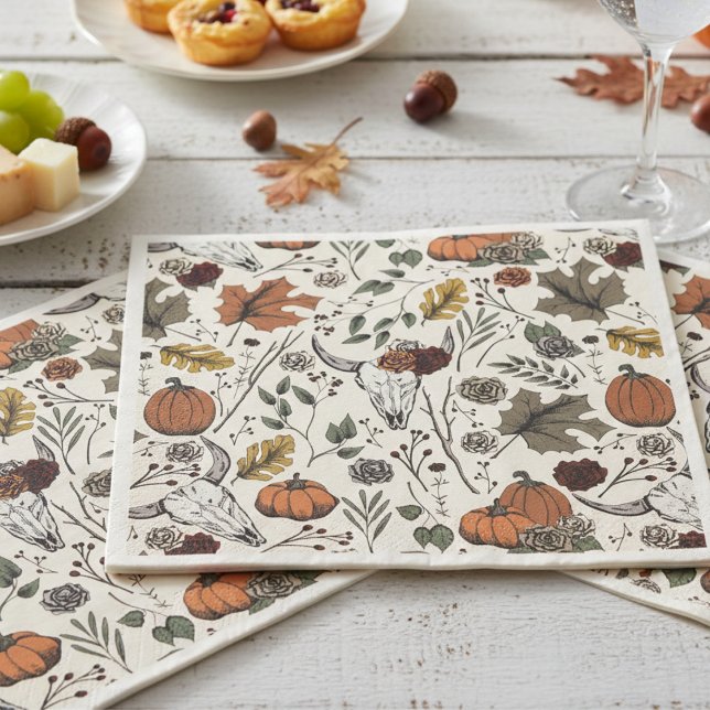 Happy thanksgiving Cow Skull Fall Harvest Pappersservett (Elegant Cream Fall Cow Skulls Thanksgiving Paper Napkins. Unique Rustic Pumpkins, Autumn Leaves)