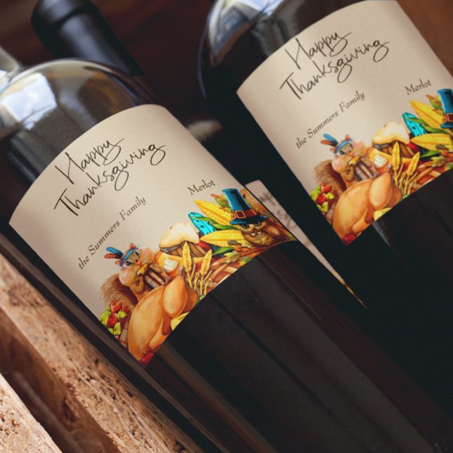 Happy Thanksgiving Cute Animals Gift Vinflaska Etikett (Skapare uppladdad)